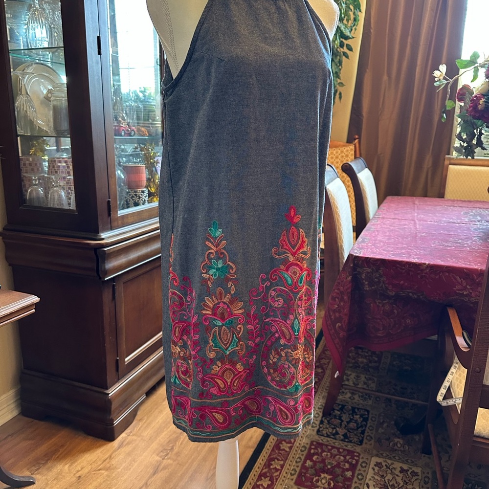 entro Grey Halter Mini Dress with Pink & Teal Embroidery